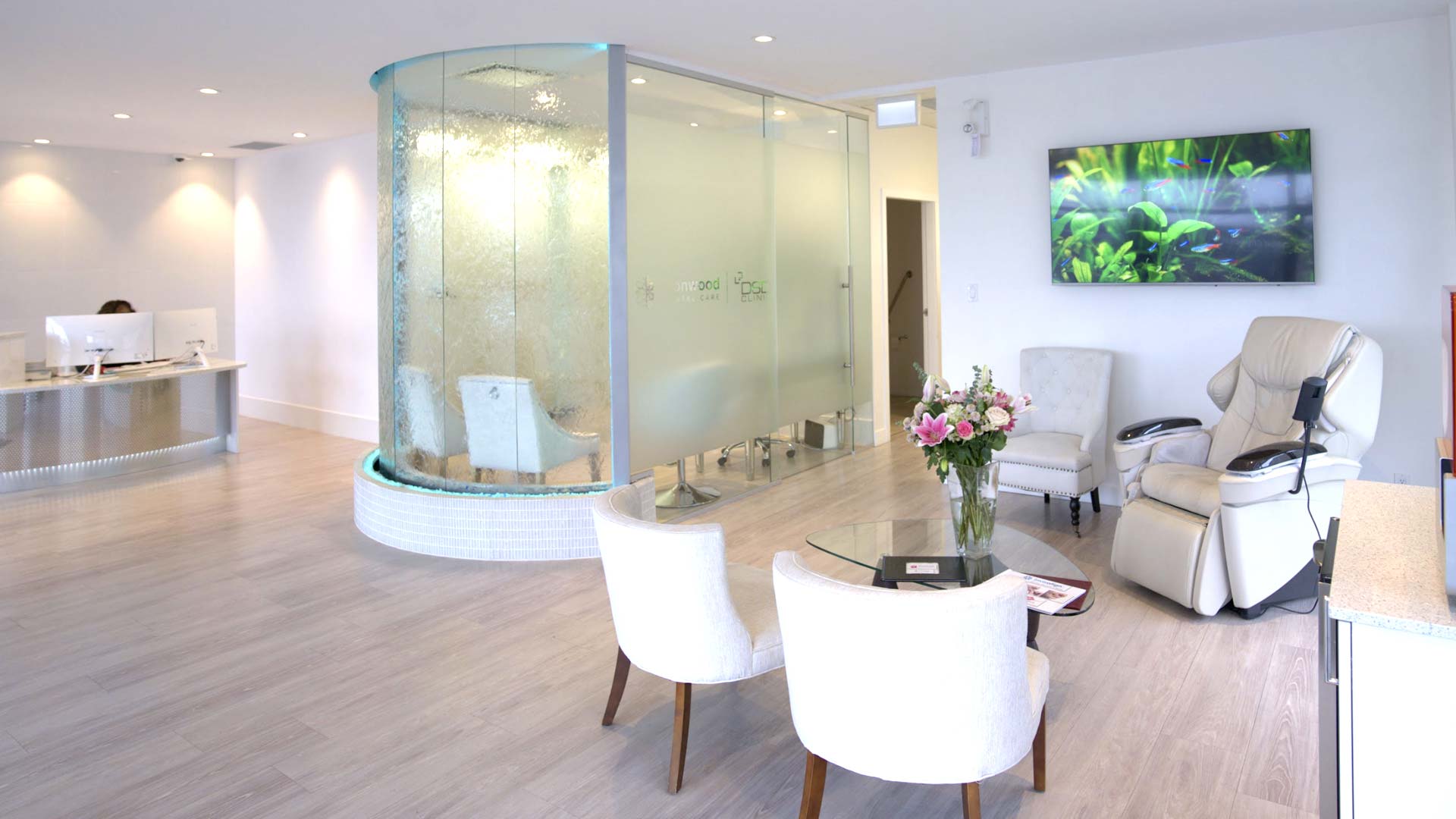 The reception and waiting area at Ironwood Dental Care with comfortable chairs and waterfall feature.